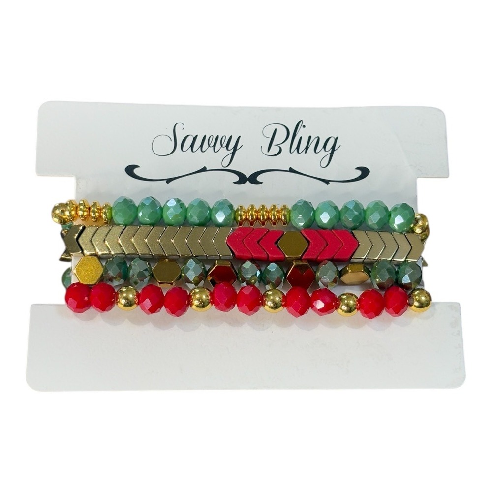 Savvy Bling Bracelet Set Womens One Size Green Red Gold Beaded Christmas Holiday